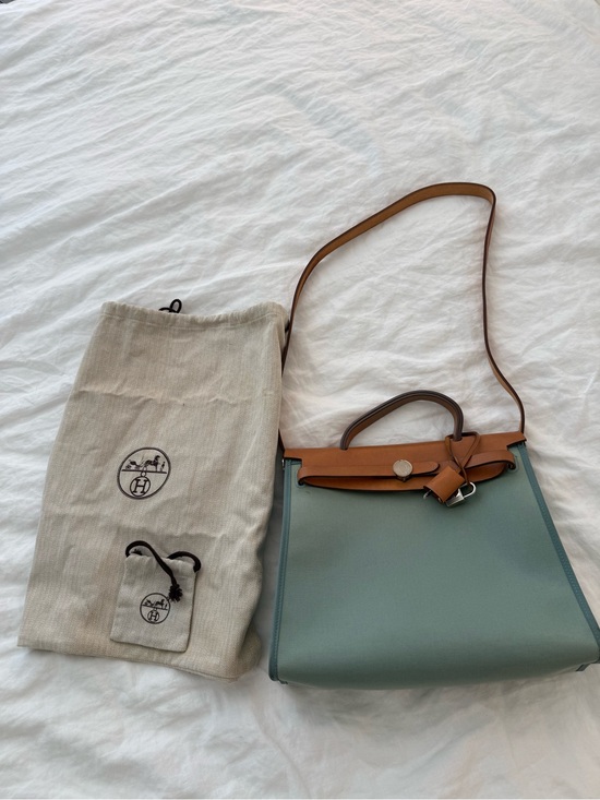 Hermes Handbags - HERMES Herbag Zip 31 Hand Bag Canvas Leather 2way Green Palladium Authentic